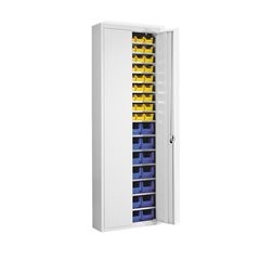 Magazinschrank mit Sichtlagerkästen, HxBxT 2150 x 680 x 280 mm, einfarbig, grau, 114 Kästen.