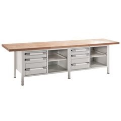 Höhenverstellbare Werkbank, Gestellbauweise, Breite 3000 mm, 6 Schubladen, grau.