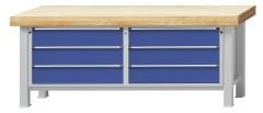 Schwerlast-Werkbank, 3 Schubladen links, 3 Schubladen rechts, Buchemassivplatte 100 mm.