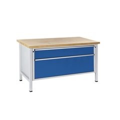 Werkbank, Gestellbauweise Serie V, 2 XXL-Schubladen, Höhe 890 mm, Buche massiv.
