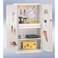 Werkzeugschrank mit Lochprägung, 2 Schubladen, 1 Fachboden, 1 Arbeitsplatte, Türen enzianblau.
