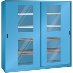 Schiebetürenschrank mit Sichtfenstertüren, 4 Fachböden, 4 Auszugböden, lichtgrau.