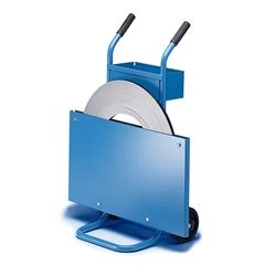 Bandabroller für Stahlband, für Scheibenwicklung, Bandbreite 10 - 32 mm, fahrbar, mit Ablagefach.