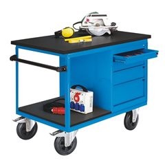 Werkbank fahrbar, Tragfähigkeit 500 kg, mit vier Schubladen, LxBxH 1150 x 700 x 900 mm.