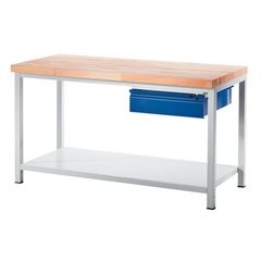 Werkbank, Gestellbauweise, 1 Schublade Größe L, 1 Ablageboden Stahlblech, Tiefe 900 mm, Breite 1500