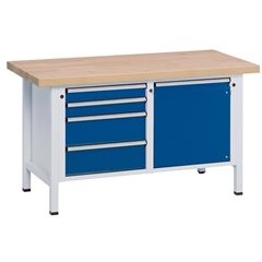 Werkbank, Gestellbauweise Serie V, 4 Schubladen, Tür 540 mm, Universalplatte, Teilauszug.