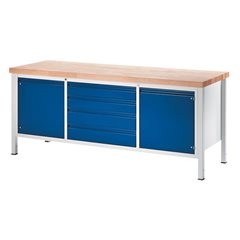 Werkbank, Gestellbauweise, 4 Schubladen Größe XL, 2 Türen, Tiefe 700 mm, Breite 2000 mm.
