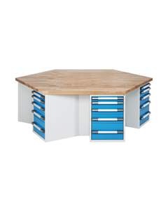 Gruppen-Werkbank, 6 Arbeitsplätze, Höhe 890 mm.