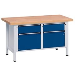 Werkbank, Gestellbauweise Serie V, 2 Schubladen 180 mm, 2 Schubladen 360 mm, Stahlblechbelag, Vollla