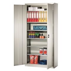 Flügeltürschrank aus Stahlblech, HxBxT 1950 x 950 x 400 mm, 6 Fachböden, lichtgrau RAL 7035.