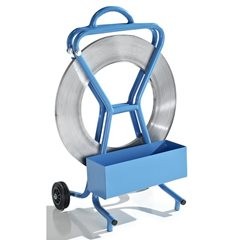 Bandabroller für Stahlband, für Spezialspule, Bandbreite 16 mm, fahrbar, mit Ablagefach.