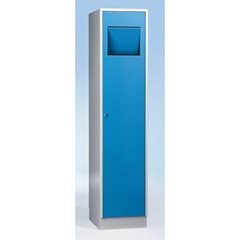 Wäschesammelschrank, mit selbstschließender Einwurfklappe, wasserblau RAL 5021.