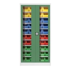 Sichtfenster-Flügeltürenschrank, mit 50 Sichtlagerkästen, lichtgrau / resedagrün.