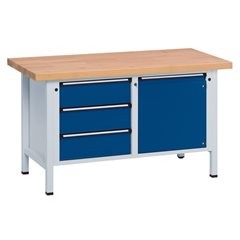 Werkbank, Gestellbauweise Serie V, 3 Schubladen, Tür 540 mm, Stahlblechbelag, Teilauszug.