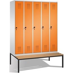 EVOLO Garderobenschrank, mit Sitzbank, 5 Abteile, Abteilbreite 300 mm, lichtgrau