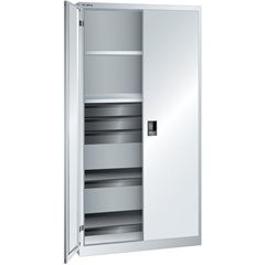 Flügeltürenschrank, HxBxT 1950 x 1000 x 580 mm, Leergehäuse mit 2 Fachböden, 2 Ausziehböden und 3 Sc