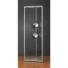 Vitrine, Höhe 1984 mm, ohne Beleuchtung, BxT 500 x 500 mm, Eckvitrine, silber.