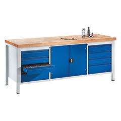 Werkbank, Gestellbauweise, 8 Schubladen Größe L, 1 Werkzeugschrank, Tiefe 700 mm, Breite 2000 mm.