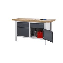 Werkbank, Gestellbauweise Serie 8500, 3 Schubladen, Plattenbreite 1500 mm, enzianblau.
