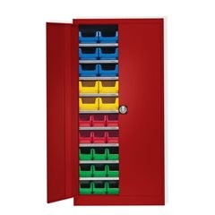 Magazinschrank, einfarbig, mit 50 Sichtlagerkästen, 9 Fachböden, rot.