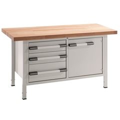 Höhenverstellbare Werkbank, Gestellbauweise, Breite 1500 mm, 3 Schubladen, 1 Tür, grau.