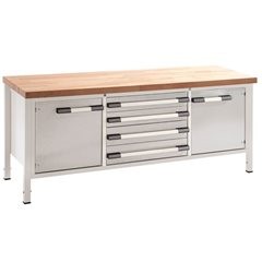 Höhenverstellbare Werkbank, Gestellbauweise, Breite 2000 mm, 4 Schubladen, 2 Türen, grau.