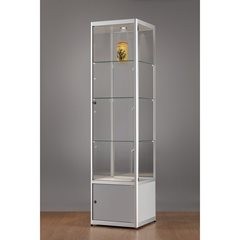 Vitrine, Höhe 2000 mm, LED-Beleuchtung, Leuchtkopf-Ø 35 mm, BxT 500 x 500 mm, mit Unterschrank.