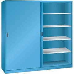 Schiebetürenschrank mit Vollblechtüren, 8 Fachböden, lichtgrau.