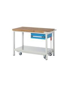 Fahr- und absenkbare Werkbank, Gestellbauweise Serie 8000, 1 Hängeschublade, Ablageboden, BxT 1500 x