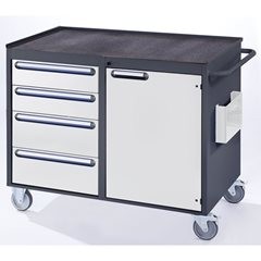 Kompaktwerkbänke, fahrbar, 4 Schubladen, 1 Tür, Metallablage mit Gummimatte, anthrazit / lichtgrau.
