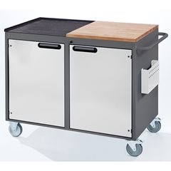 Kompaktwerkbänke, fahrbar, 2 Türen, Arbeitsfläche Holz / Metall, anthrazit / lichtgrau.