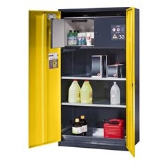 Chemikalienschrank, Tür geschlossen, mit Gefahrstoffbox Typ 30, goldgelb.