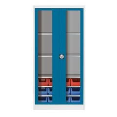 Sichtfenster-Flügeltürenschrank, mit 12 Sichtlagerkästen, lichtgrau / brillantblau.