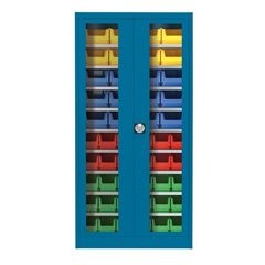 Sichtfenster-Flügeltürenschrank, mit 50 Sichtlagerkästen, brillantblau.