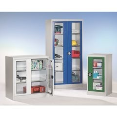 Sichtfenster-Flügeltürschrank, mit 4 Fachböden, HxB 1950 x 950 mm, Tiefe 420 mm, lichtgrau/enzianbla
