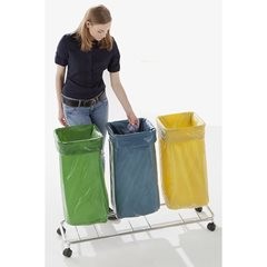 Wertstoff-Müllsackständer ohne Deckel, für Volumen 3 x 70 l, Fahrgestell, Edelstahl.