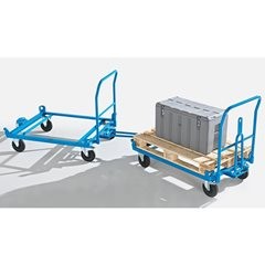 Fahrgestell mit Zugdeichsel und Kupplung, Tragfähigkeit 500 kg, Ladeflächenbreite 1010 mm.