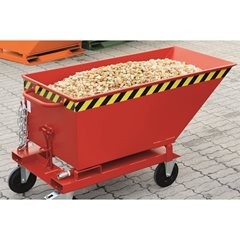 Kippmulde mit Klappmechanismus, Bauform niedrig, Volumen 0,25 m³, orange RAL 2000.