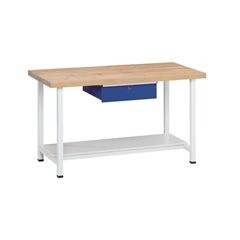 Werkbank, Gestellbauweise Serie V, 1 Schublade, 1 Ablageboden, Breite 2000 mm, Buchemassivplatte.