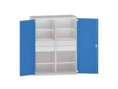 Schwerlastschrank JUMBO aus Stahlblech, 6 Fachböden, 4 Schubladen 180 mm hoch, lichtgrau/lichtblau.
