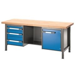 Höhenverstellbare Werkbank, Gestellbauweise, 3 Schubladen, 1 Tür, 1 Ablageboden, Breite 2000 mm, ant