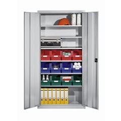 Materialschrank aus Stahlblech, mit 12 Sichtlagerkästen, lichtgrau RAL 7035.