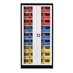 Sichtfenster-Flügeltürenschrank, mit 36 Sichtlagerkästen, graphitschwarz / lichtgrau.