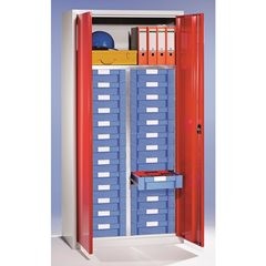 Material- und Schubladenschrank, 1 Fachboden, 26 Schubladen, lichtgrau RAL 7035 / enzianblau RAL 501