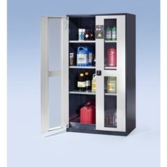 Labor-Chemikalienschrank, 2-türig, hoch, 3 Fachböden, mit Sichtfenster, grau.