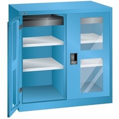Flügeltürenschrank, 2 Fachböden, Breite 1000 mm, mit Sichtfenster, 1 Schublade, lichtgrau.