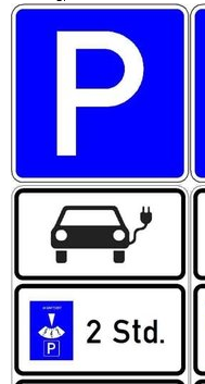 Sondertafel Parkplatz E-Auto - 470*630*2,5mm, Folie: Typ 1, Grund:blau, Schrift:weiß, Ausführung: Fl