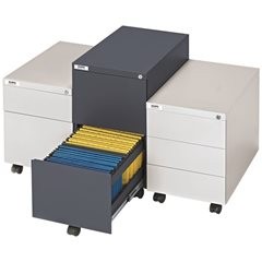 Rollcontainer, Stahl, 1 Stiftschale, 3 Materialschübe, Tiefe 590 mm, lichtgrau.