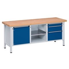 Werkbank, Gestellbauweise Serie V, 1 Tür 540 mm, 3 Schubladen, Universalplatte, Teilauszug.