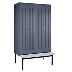 Schwarz-Weiß-Spind Berlin 1 mit Sitzbank, 2 Abteile, blaugrau, B 1200 mm, untergebaut, Kunststoff.